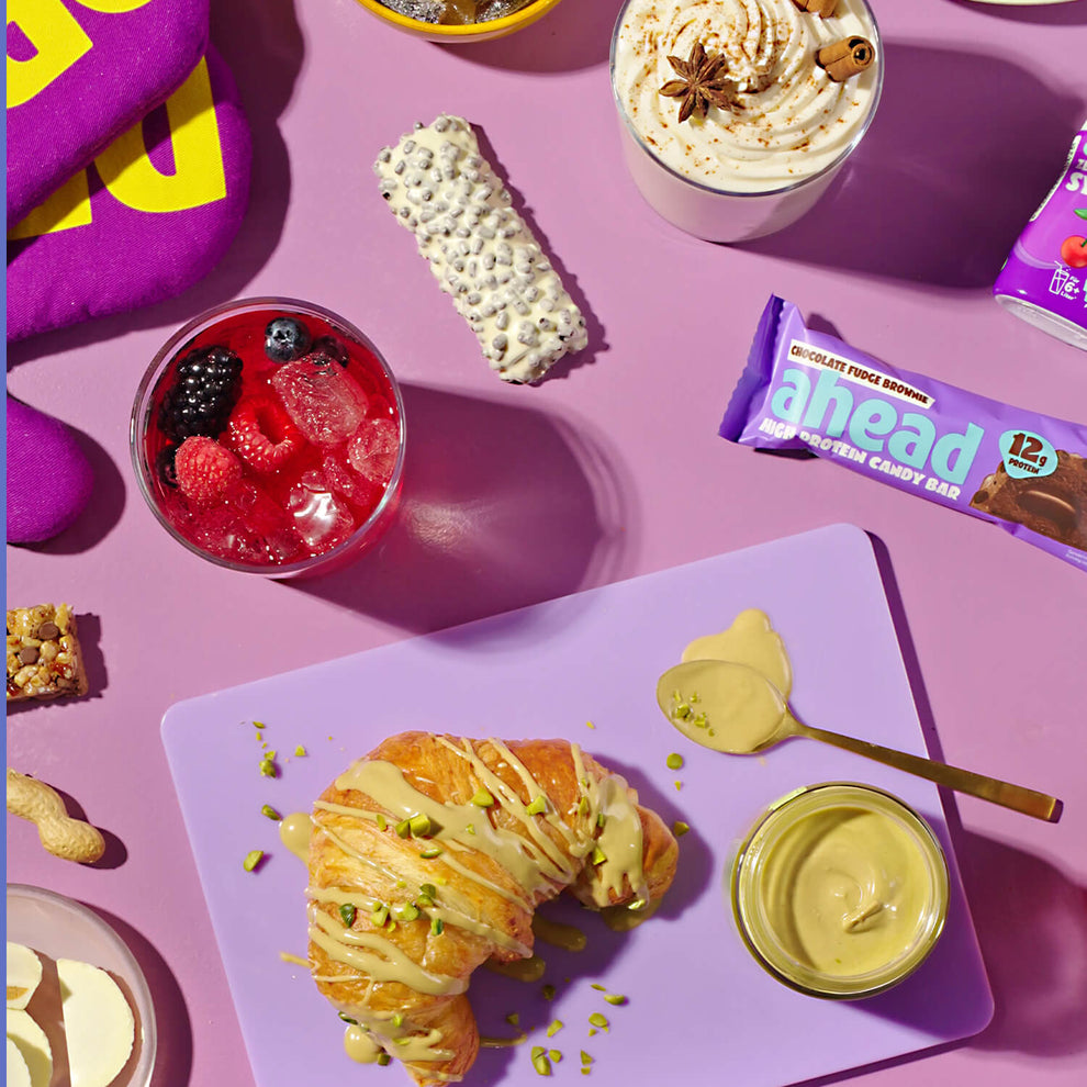 Promotional image for 24 low-sugar treats with various products displayed on a purple background.
